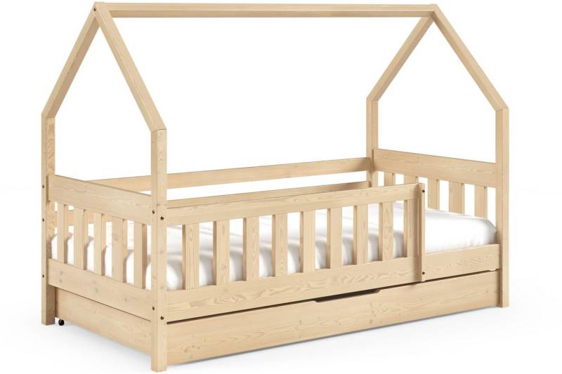 KONSIMO® Kinderbett Holzbett LUMBE Hausform, hergestellt in der EU (inklusive Matratze und Schublade auf Rollen), aus massivem Kiefernholz, mit Rausfallschutz von KONSIMO®