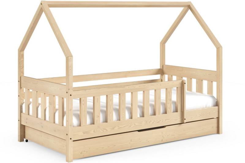 KONSIMO® Kinderbett Holzbett LUMBE Hausform, hergestellt in der EU (inklusive Matratze und Schublade auf Rollen), aus massivem Kiefernholz, mit Rausfallschutz von KONSIMO®