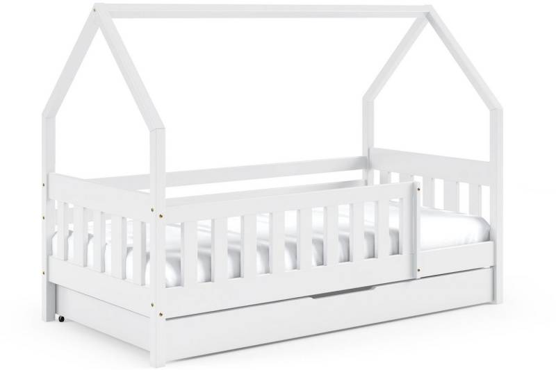 KONSIMO® Kinderbett Holzbett LUMBE Hausform, hergestellt in der EU (inklusive Matratze und Schublade auf Rollen), aus massivem Kiefernholz, mit Rausfallschutz von KONSIMO®