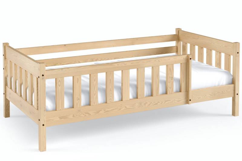 KONSIMO® Kinderbett LUMBE Holzbett, Jugendbett, hergestellt in der EU (inklusive Matratze und Schublade auf Rollen), aus massivem Kiefernholz, mit Rausfallschutz von KONSIMO®