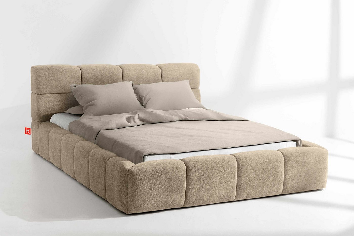 KONSIMO® Polsterbett Doppelbett AERI mit Stauraum, ohne Matratze, hergestellt in der EU (140/160/180/200 cm x 200 cm), handgefertigt, mit Massivholzrahmen, gepolstertes Kopfteil, Modern von KONSIMO®