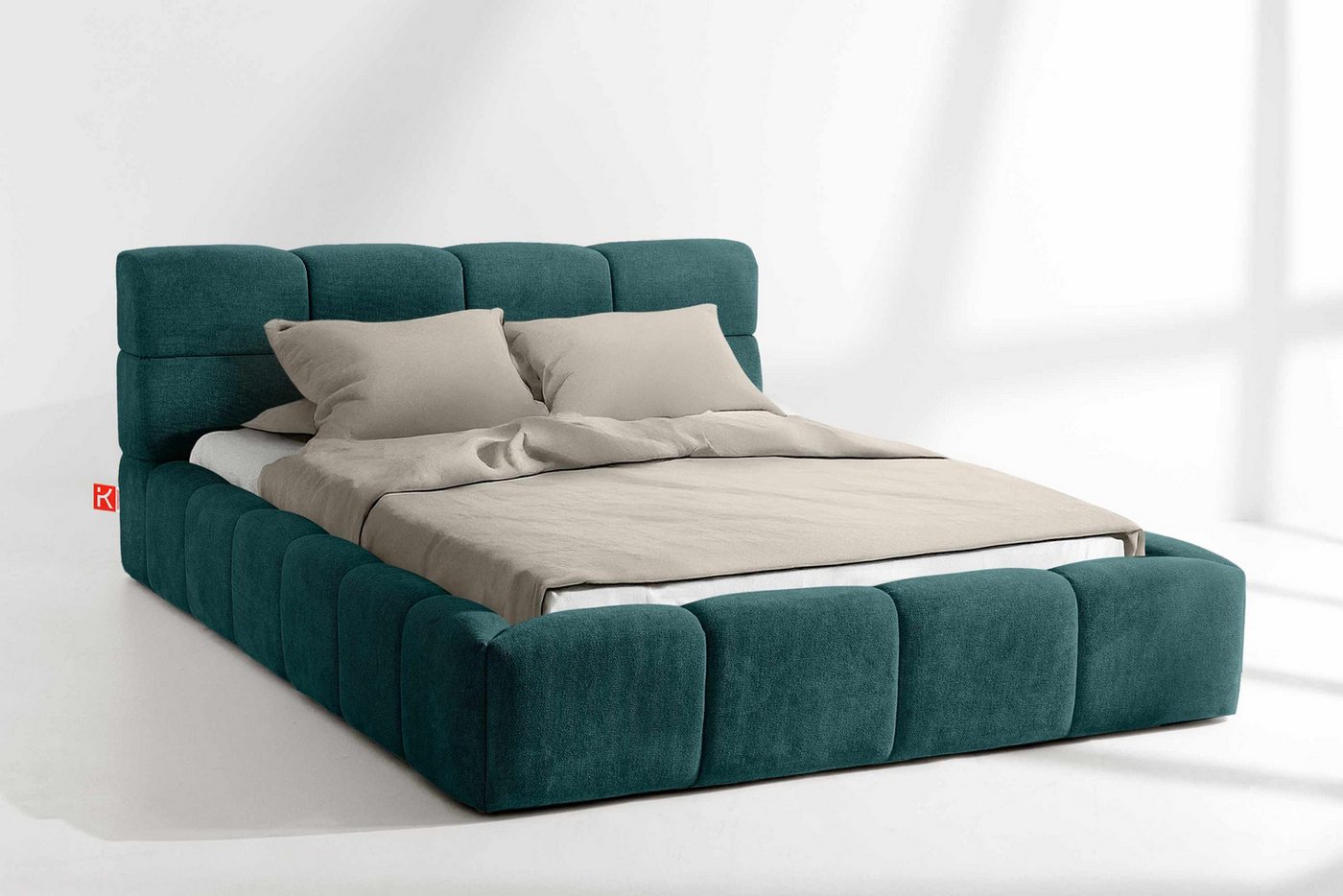 KONSIMO® Polsterbett Doppelbett AERI mit Stauraum, ohne Matratze, hergestellt in der EU (140/160/180/200 cm x 200 cm), handgefertigt, mit Massivholzrahmen, gepolstertes Kopfteil, Modern von KONSIMO®