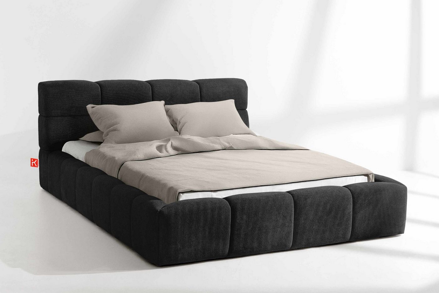 KONSIMO® Polsterbett Doppelbett AERI mit Stauraum, ohne Matratze, hergestellt in der EU (140/160/180/200 cm x 200 cm), handgefertigt, mit Massivholzrahmen, gepolstertes Kopfteil, Modern von KONSIMO®