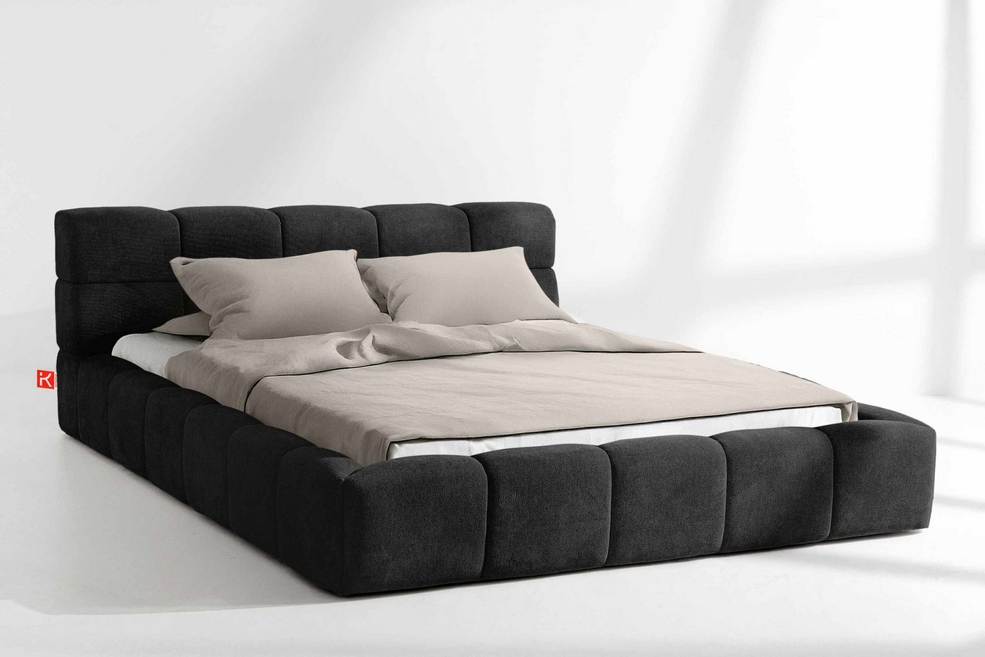 KONSIMO® Polsterbett Doppelbett AERI mit Stauraum, ohne Matratze, hergestellt in der EU (140/160/180/200 cm x 200 cm), handgefertigt, mit Massivholzrahmen, gepolstertes Kopfteil, Modern von KONSIMO®