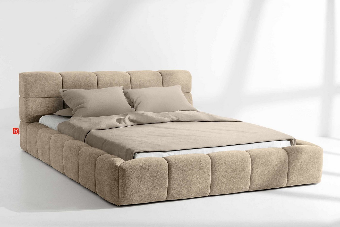 KONSIMO® Polsterbett Doppelbett AERI mit Stauraum, ohne Matratze, hergestellt in der EU (140/160/180/200 cm x 200 cm), handgefertigt, mit Massivholzrahmen, gepolstertes Kopfteil, Modern von KONSIMO®