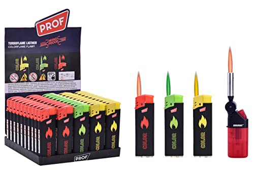 50 Stück = 1 Display- Sturmfeuerzeug Feuerzeug Color Flames (Flammenfarbe in Feuerzeugfarbe) +1x (Konsumany® Stab- Stumfeuerzeug 12,5 cm Lang) von KONSUMANY