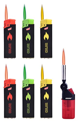 6 Stück - Sturmfeuerzeug Feuerzeug Color Flames (Flammenfarbe in Feuerzeugfarbe) +1x (Konsumany® Stab- Stumfeuerzeug 12,5 cm Lang) von KONSUMANY