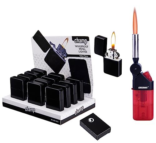 Benzinfeuerzeug Sturmfeuerzeug Schwarz mit Geschenkbox (Wird ohne Benzin verkauft) (12 Stück) + 1x (Konsumany® Stab- Sturmfeuerzeug 12,5 cm Lang) von KONSUMANY