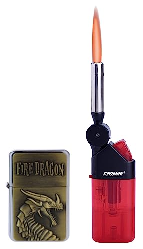 Benzinfeuerzeug Sturmfeuerzeug mit “1 Head Fire-Dragon“ Bronze (Wird ohne Benzin verkauft) (1 Stück) + 1x (Konsumany® Stab- Sturmfeuerzeug 12,5 cm Lang) von KONSUMANY