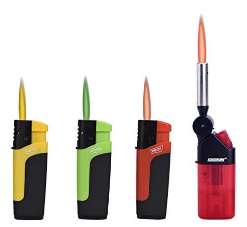 Sturmfeuerzeug Turbo Jetflame Gas Feuerzeug Color Flames, 3 Stück + 1x (Konsumany® Stab- Sturmfeuerzeug 12,5 cm Lang) von KONSUMANY