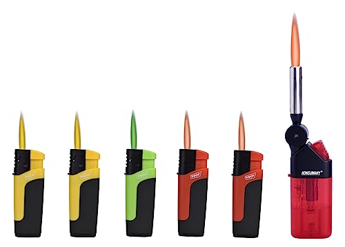 Sturmfeuerzeug Turbo Jetflame Gas Feuerzeug Color Flames, 5 Stück + 1x (Konsumany® Stab- Sturmfeuerzeug 12,5 cm Lang) von KONSUMANY