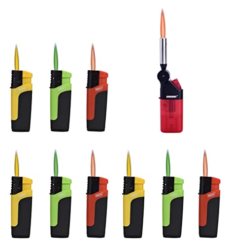 Sturmfeuerzeug Turbo Jetflame Gas Feuerzeug Color Flames, 9 Stück + 1x (Konsumany® Stab- Sturmfeuerzeug 12,5 cm Lang) von KONSUMANY