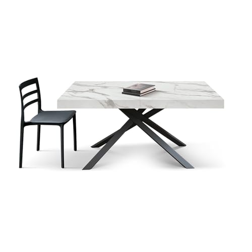 Tisch FORTE DEI MARMI aus Holz, statarische weiße Oberfläche und Sockel aus schwarzem Metall, ausziehbar 140 x 90 cm - 220 x 90 cm von KONTE.DESIGN
