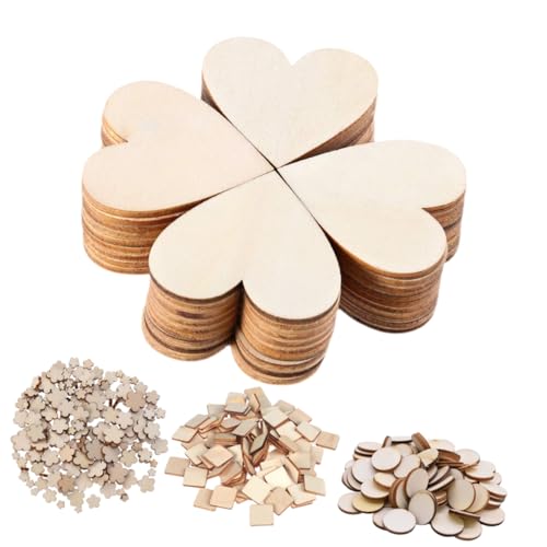 KONTONTY 200 Stück Teiliges Holzscheiben mit Runden Herzförmigen Blütenförmigen und Abgerundeten Holzstücken zum Bemalen und Basteln DIY Holz Dekorationen für Kreative Handarbeiten von KONTONTY
