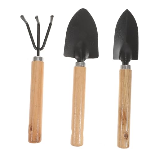 KONTONTY 3 Stück Teiliges Mini Gartenwerkzeugset Schaufel Rechen und Hacke für Garten Outdoor und Camping Leicht mit Holzgriff zum Umpflanzen und Jäten Schwarz von KONTONTY