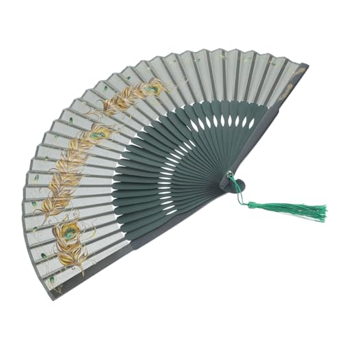 KONTONTY Faltbarer Handfächer mit Pfauenfeder Muster Vintage Chinesischer Handfächer für Tanz Dekoration und Sommerhitze Tragbarer Doppelseitiger Klappfächer Grün KONTONTY Faltbarer Handfächer mit Pfauenfeder Muster Vintage Chinesischer Handfächer für Tanz Dekoration und Sommerhitze Tragbarer Doppelseitiger Klappfächer Grün von KONTONTY