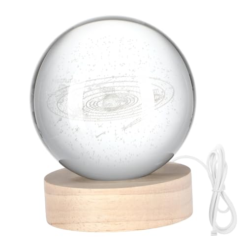KONTONTY LED Kristallkugel Nachttischlampe Solar System Design mit Holzsockel Durchmesser Einzigartige Raumdekoration für Stimmungsvolles Licht für von KONTONTY