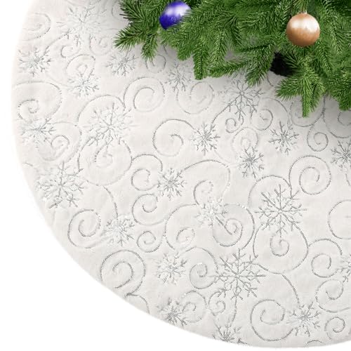 KONVINIT Weihnachtsbaumdecke Weiß Plüsch Christmasbaumdecke Kunstfell Weihnachtsbaumteppich Rund Weihnachtsbaum Rock Weihnachtsdeko mit Silber Pailletten Schneeflocke,78cm/90cm/122cm von KONVINIT