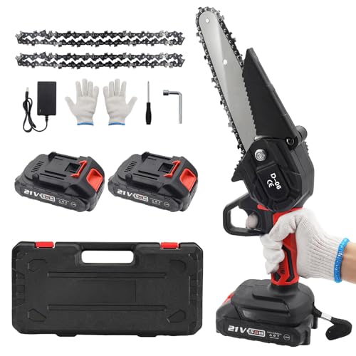 6 Zoll Mini Kettensäge Akku (2000mAh ×2) mit Schnellladegerät - Einhand Elektro-Motorsäge für Garten, Holz & Äste - Leicht & Sicher mit Scharfkette - Rot von KONYEN