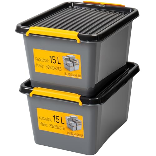 KONZEPT 2 Stück Aufbewahrungsbox mit Deckel 15 L – inkl. beschriftbaren Etiketten, aus hochwertigem Kunststoff, stapelbar und stabilen Verschlussclips, ideal für Keller, Werkstatt, Garage von KONZEPT