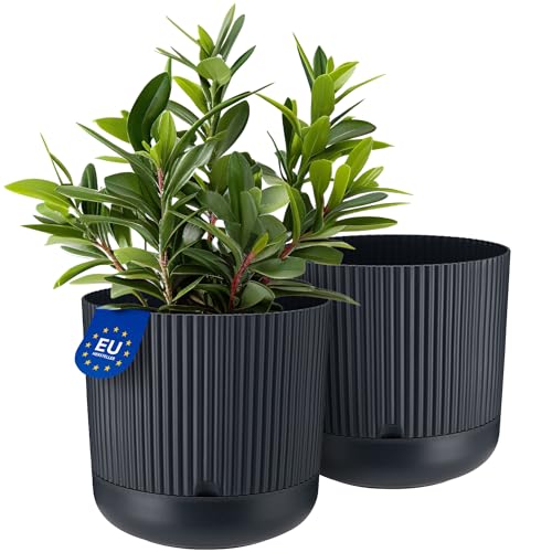 KONZEPT 2er Set Blumentöpfe mit Untersetzer, 16 cm Durchmesser, Übertopf in Anthrazit, 2,4 L, Pflanzentopf Geriffelt aus Kunstoff von KONZEPT