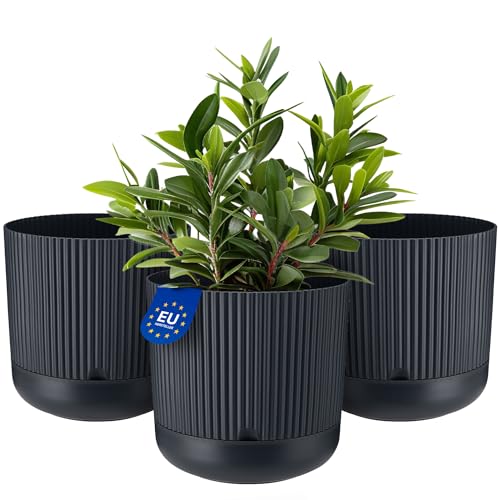 KONZEPT 3er Set Blumentöpfe mit Untersetzer, 16 cm Durchmesser, Übertopf in Anthrazit, 2,4 L, Pflanzentopf Geriffelt aus Kunstoff von KONZEPT