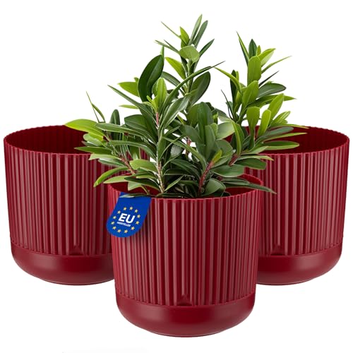 KONZEPT 3er Set Blumentöpfe mit Untersetzer, 16 cm Durchmesser, Übertopf in Weinrot, 2,4 L, Pflanzentopf Geriffelt aus Kunstoff von KONZEPT