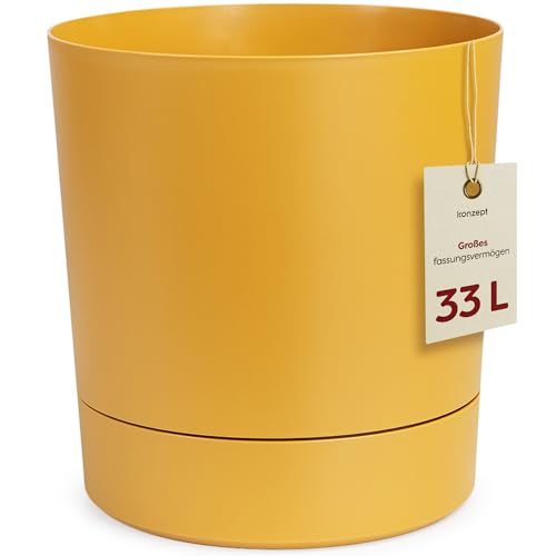 KONZEPT Blumentopf mit Untersetzer 38 cm - großer Übertopf aus Kunststoff für Zimmerpflanzen, modern und wetterfest, für Innen und Außen, Gelb von KONZEPT