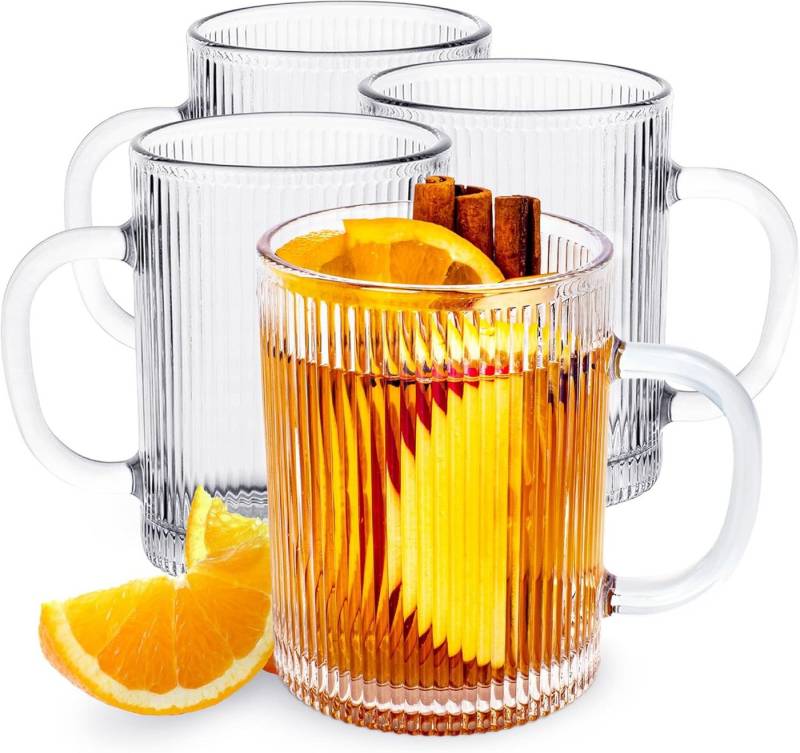 KONZEPT Gläser-Set Kaffeegläser Geriffelt 350ml Set 2/4/6 Stk. mit Henkel Transparent, 350 ml, geriffelte, ideal als Kaffeegläser von KONZEPT