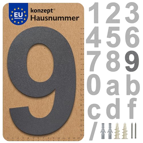 KONZEPT Hausnummer in Anthrazit, Nummer 9, für Tür, Gebäude, Zimmer, aus massiven Stahl, mit witterungsbeständiger Zink- und Pulverbeschichtung KONZEPT Hausnummer in Anthrazit, Nummer 9, für Tür, Gebäude, Zimmer, aus massiven Stahl, mit witterungsbeständiger Zink- und Pulverbeschichtung von KONZEPT