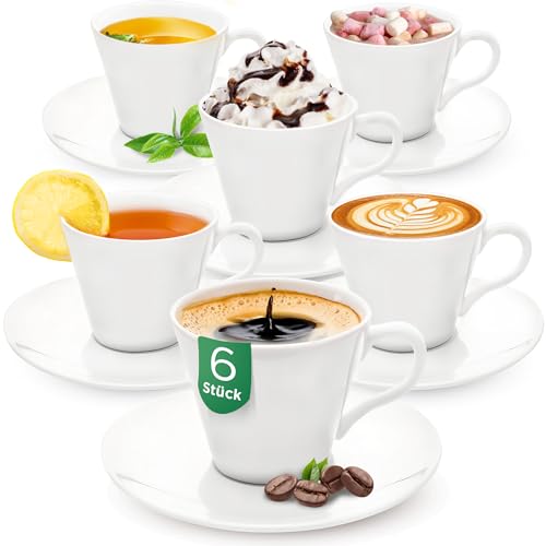 KONZEPT Kaffeetassen Set 6er mit Untertassen, 230 ml, Weiß, Tassen für 6 Personen aus Keramik, zum Bemalen, ideal für Kaffee, Tee, Cappucino von KONZEPT