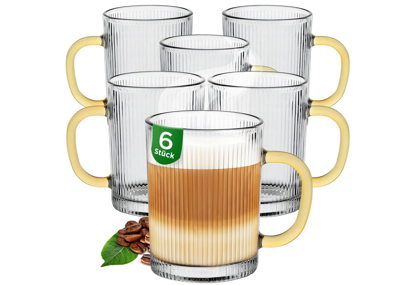 KONZEPT Latte-Macchiato-Glas mit Henkel, 6er Set, Große Gerippte Tringkläser, 350 ml, Ideal für Tee, Kaffee, Cappuccino, Cocktail von KONZEPT
