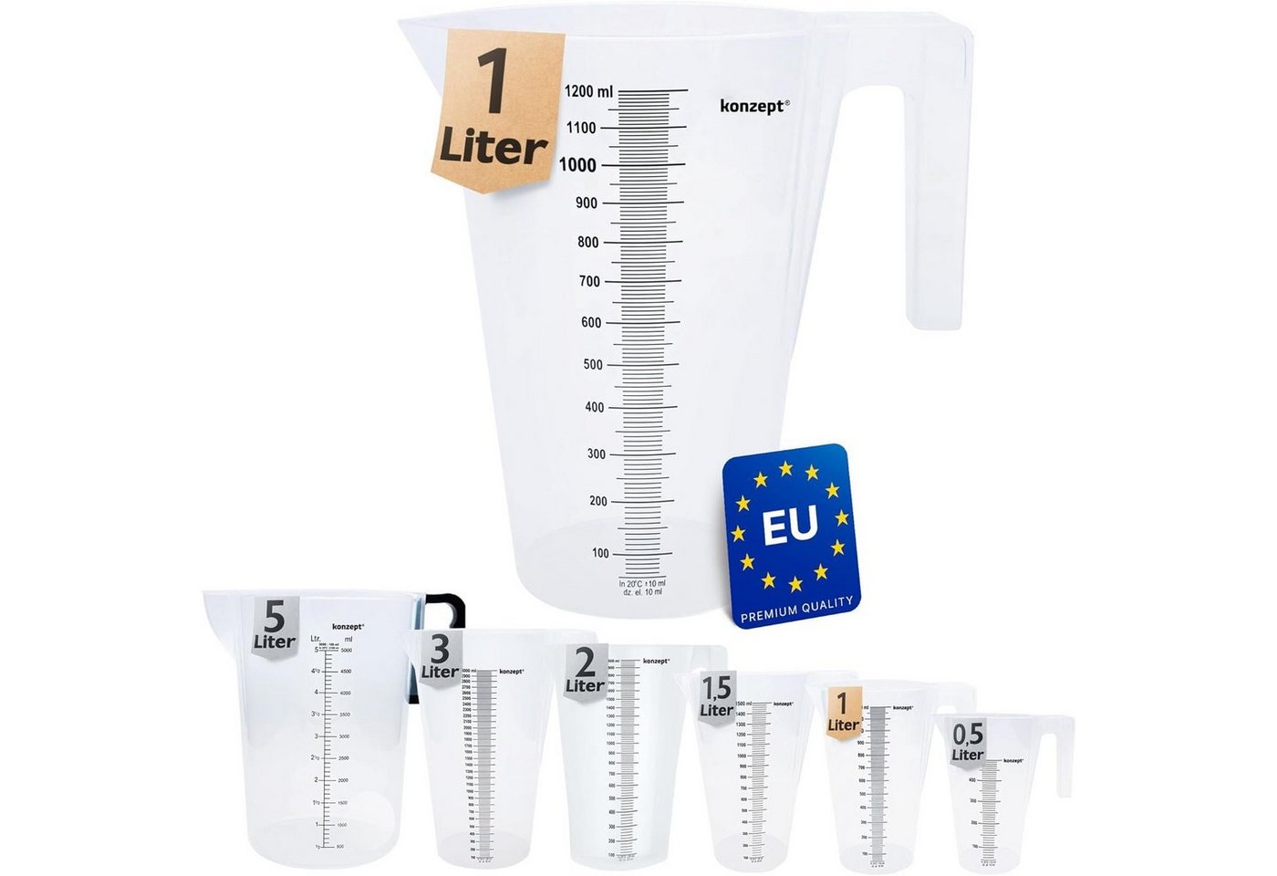 KONZEPT Messbecher Verschiedene Größen zur Wahl, (Litermaß, Kunststoff), Ideal für Küche, Garten, Werkstatt, Transparent von KONZEPT