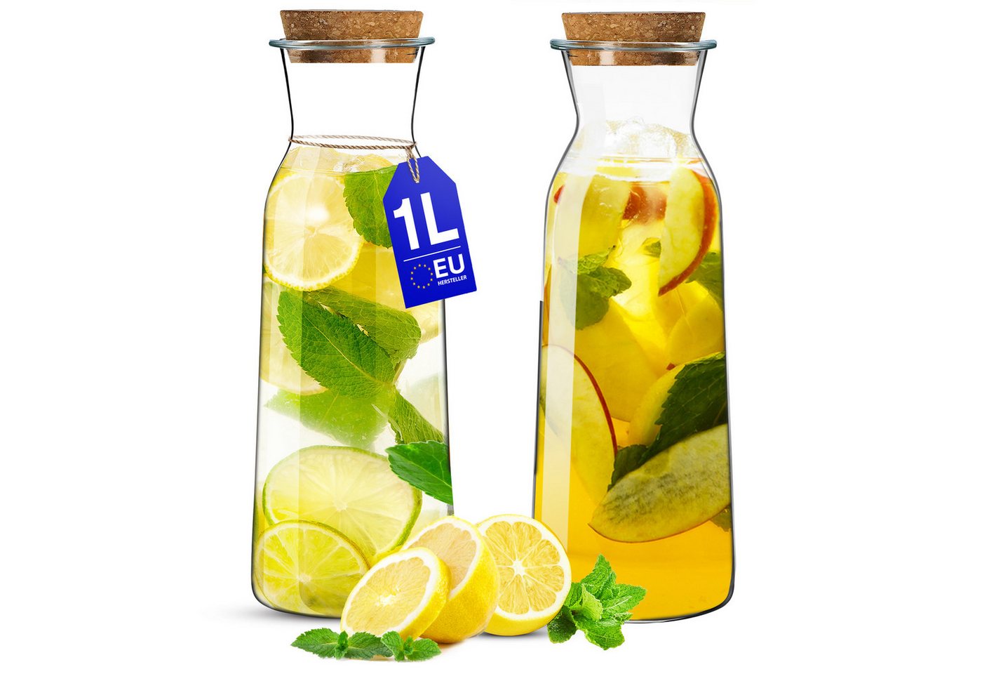 KONZEPT Wasserkaraffe Glaskaraffe mit Korkdeckel, 1 Liter, (Karaffe ideal für Wasser, 2-tlg., Saft, Limonade), ideal für Wasser, Saft, Limonade, Coctails und Milch von KONZEPT