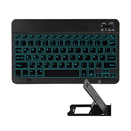 Bluetooth Tastatur Universal Tragbare QWERTZ Deutsche 7-Farben-Wieder beleuchtete wiederaufladbare Tastatur für iOS Android Windows PC Tablet Mac Smartphone,mit Tablettenständer von KOOCHUWAH