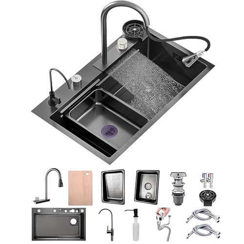 50cm Breite Küchenspüle Edelstahl Rechteck, Wasserfall Spüle, Spüle Küchemit Hahnloch Und Überlauf，Siphon, Multifunktionale Barspüle, Küche Arbeitsstation(Black-Grey B,65x50cm) von KOOGIMDDR