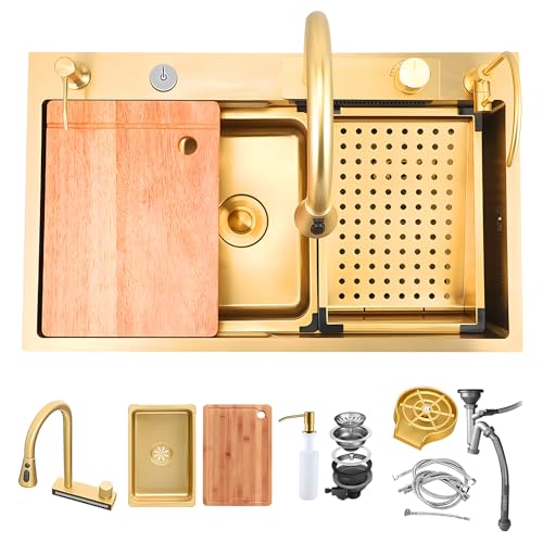 KOOGIDDR 68×45cm Nano Edelstahlspüle Golden Küchen Spülbecken, Multifunktionale Barspüle, 1 Becken Einbauspüle, Spüle Küche mit Zubehör wie ausziehbare, Waschbecken Küche mit 5 HahnLöcher von KOOGIMDDR
