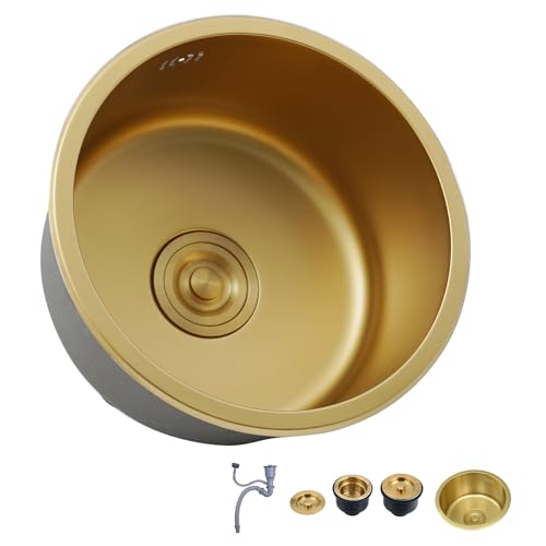 KOOGIMDDR 32x32cm Gold Runden Prep Sink Mini Trompete Edelstahl Multifunktionale Küche Essential Single Bowl Waschbecken Mit Gold Drainer Und Montage Komponenten Single Bowl Undermount Oder Drop-In von KOOGIMDDR
