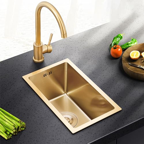 KOOGIMDDR 38×26cm Gold Prep Sink Mit Wasserhahn Undermount Edelstahl Multifunktionale Küche Essential Single Bowl Waschbecken Mit Gold Drainer Und Montage Komponenten, Mit Ablaufkorb von KOOGIMDDR