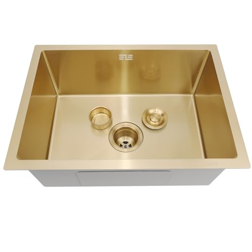 KOOGIMDDR 55×40cm Gold Prep Sink Mini Trompete Edelstahl Multifunktionale Küche Essential Single Bowl Waschbecken Mit Gold Drainer Und Montage Komponenten, Mit Ablaufkorb Undermount Oder Drop-In von KOOGIMDDR