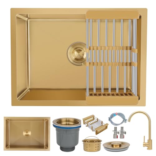 KOOGIMDDR 55×40cm Gold Prep Sink Mit Wasserhahn Undermount Edelstahl Multifunktionale Küche Essential Single Bowl Waschbecken Mit Gold Drainer Und Montage Komponenten, Mit Ablaufkorb von KOOGIMDDR
