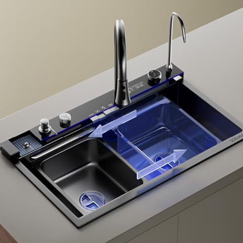 KOOGIMDDR 68x46cm Wasserfall Küchenspüle, 1 Edelstahlspüle Nanobeschichtung, 4-fach Wasserhahn, Geräumige Workstation, Ausgussbecken in der Küche Mit Schneidebrett, Mit Zubehör von KOOGIMDDR