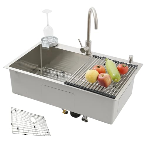 KOOGIMDDR 70 x 50 cm SUS304 Edelstahl-Spüle für die Küche, multifunktional, handgefertigt, mit Bodengitter, große Küchenspüle mit einem Becken, mit Wasserhahn und verschiedenen Zubehörteilen KOOGIMDDR 70 x 50 cm SUS304 Edelstahl-Spüle für die Küche, multifunktional, handgefertigt, mit Bodengitter, große Küchenspüle mit einem Becken, mit Wasserhahn und verschiedenen Zubehörteilen von KOOGIMDDR