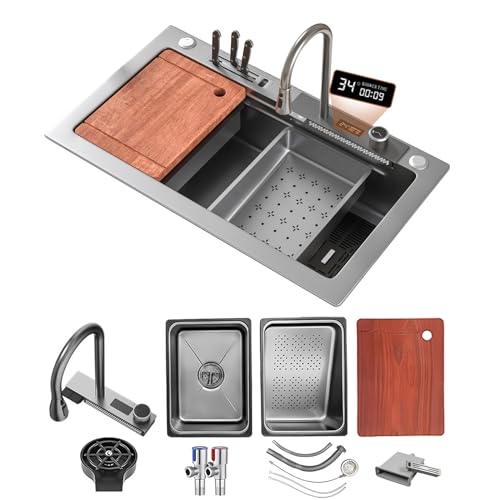 KOOGIMDDR 75x45cm Silber Spüle Wasserfall Mit Zubehörset Küchenspüle Edelstahl Rechteck Wie Mit Messerhalter Box, 5 HahnLöcher Küchen Spülbecken, Multifunktionale Barspüle 1 Becken Einbauspüle von KOOGIMDDR