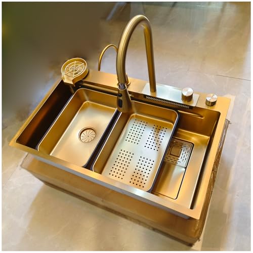 KOOGIMDDR 75x50cm Waschbecken gold Küchenspüle, Mit Wasserfall Wasserhahn, Küchenspüle Edelstahl Rechteck Einbau von Oben Mit Cup Washer Abnehmbares Becken Schneidebrett von KOOGIMDDR