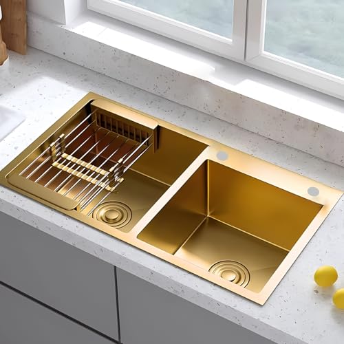 KOOGIMDDR 80x45cm Goldene Küchenspüle, Doppelbecken-Küchenspüle, nanobeschichteter Edelstahl 304, Barspüle mit goldenem Spülbeckenstopfen und Abflusssieb, einbaubar oder unterbaubar von KOOGIMDDR