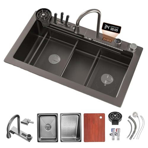 KOOGIMDDR 80x45cm Spüle Wasserfall Mit Zubehörset Küchenspüle, Multifunktionale Barspüle 1 Becken Einbauspüle, Mit Schneidebrett, Siphon, Über- und Ablauf-Set von KOOGIMDDR