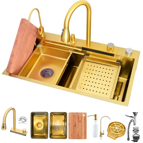 KOOGIMDDR 80x50cm Waschbecken gold Küchenspüle, Mit Wasserfall Wasserhahn, Küchenspüle Edelstahl Rechteck Einbau von Oben Mit Cup Washer Abnehmbares Becken Schneidebrett von KOOGIMDDR