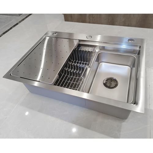 KOOGIMDDR 85 x 50 cm SUS304 Edelstahl-Spüle für die Küche, multifunktional, handgefertigt, große Küchenspüle mit einer Wanne, bündige oder überlappende Installation mit abnehmbarer Wanne von KOOGIMDDR