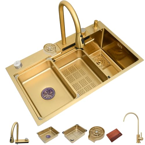 KOOGIMDDR Gold Edelstahl Küchenspüle Mit Wasserfall Wasserhahn Set 75×46cm Schwarzes Bauernhaus Waschbecken Workstation Spüle Mit Cup Washer Abnehmbares Becken Schneidebrett von KOOGIMDDR